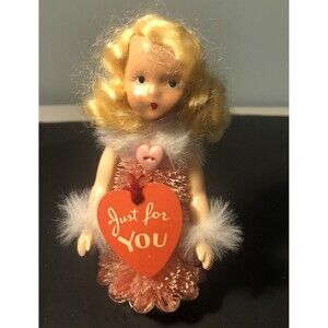 Vintage Nancy Ann Type Dollwire Bush Body Valentine Heart Blond Blue Eyes 5”h